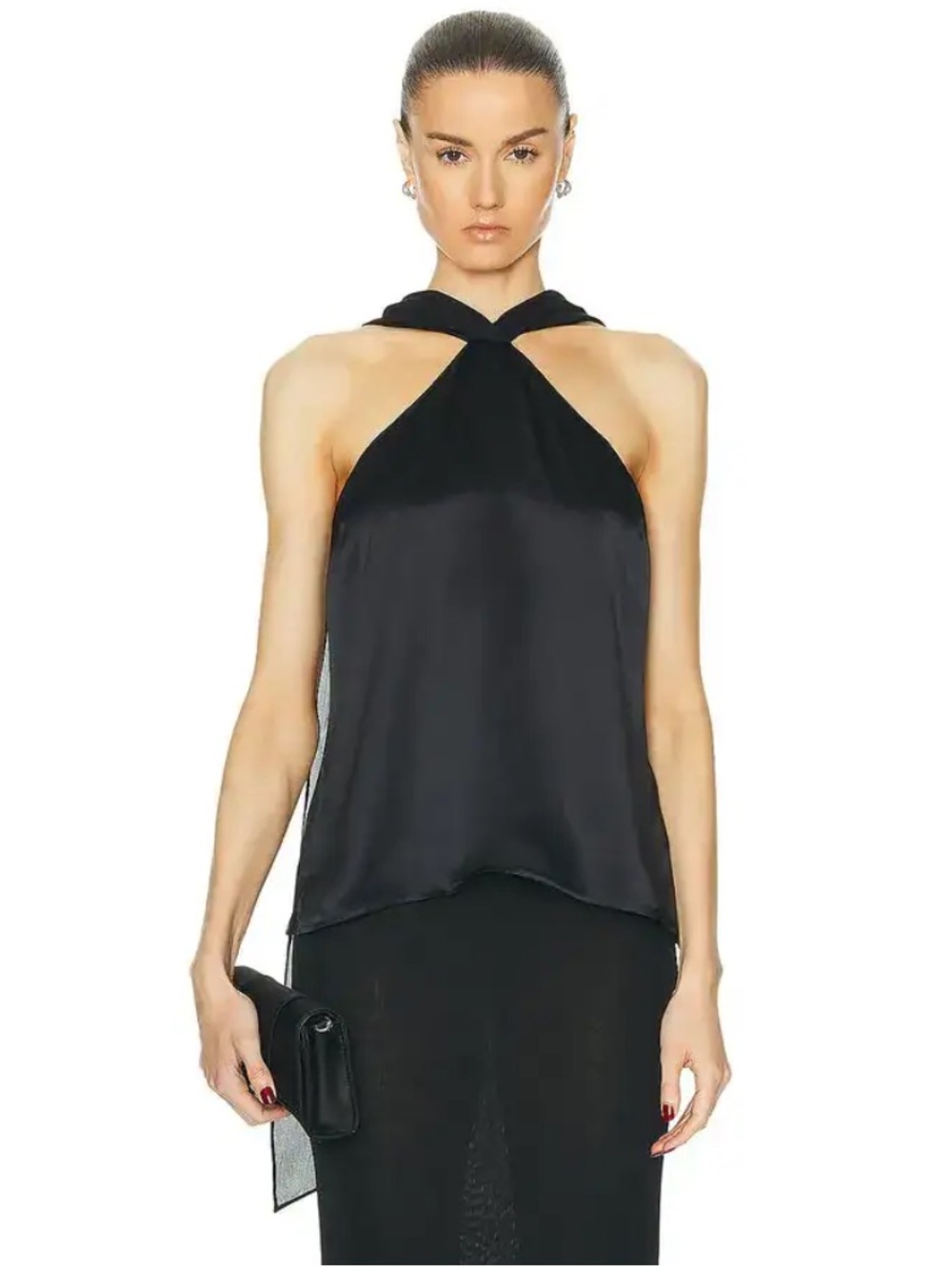 L'AGENCE NWT Rivera Black Silk Satin Cape-Effect Crepe De Chine Halter Top - Picture 3 of 14